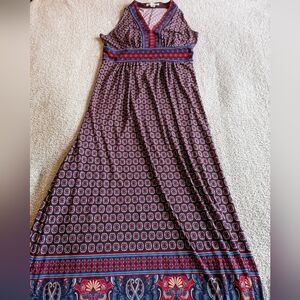 Wisp Boho V-Neck Maxi Dress in Burgundy and Navy